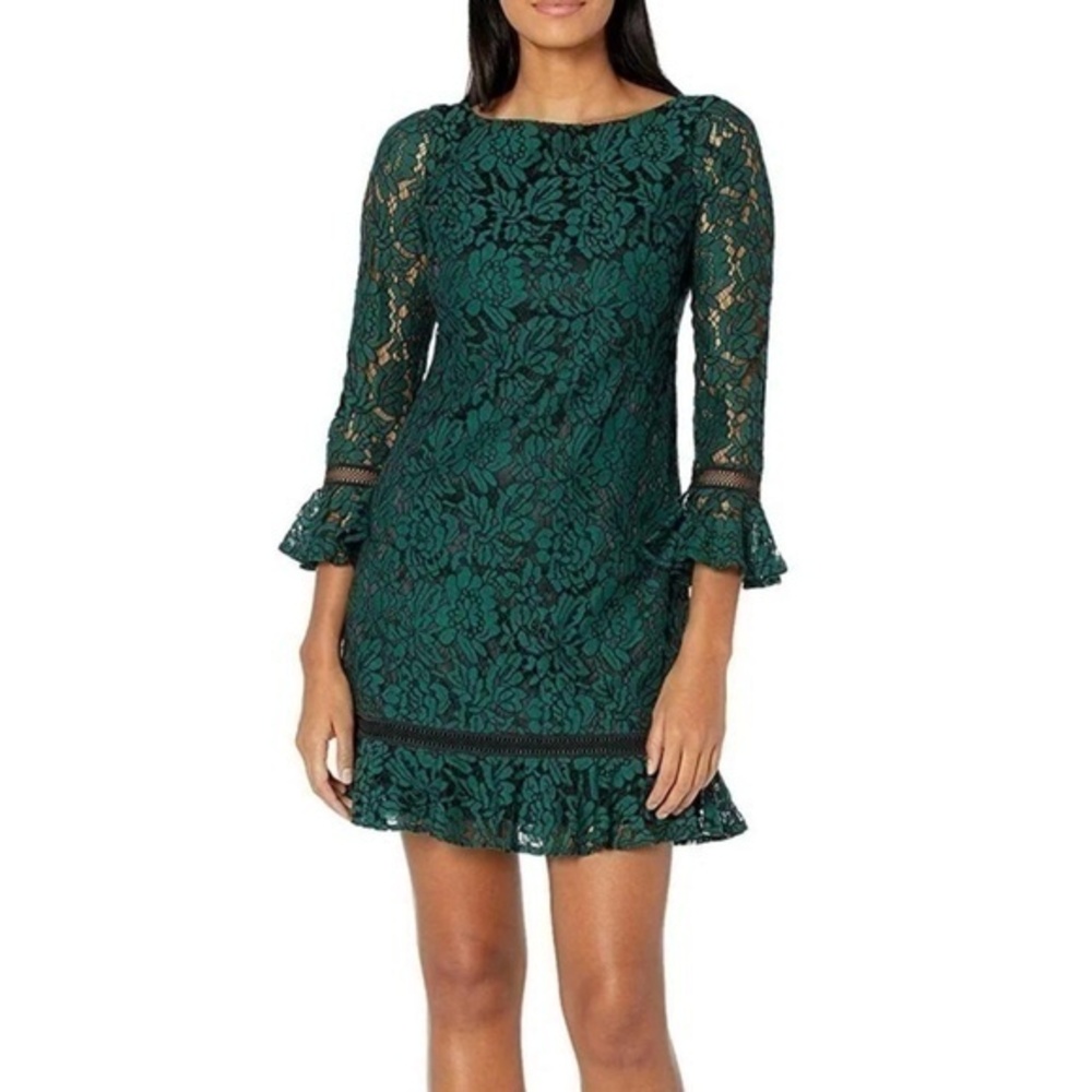 Eliza J. Bell Sleeve Lace Shift Dress Dark Green Black Cotton Blend Size 4P